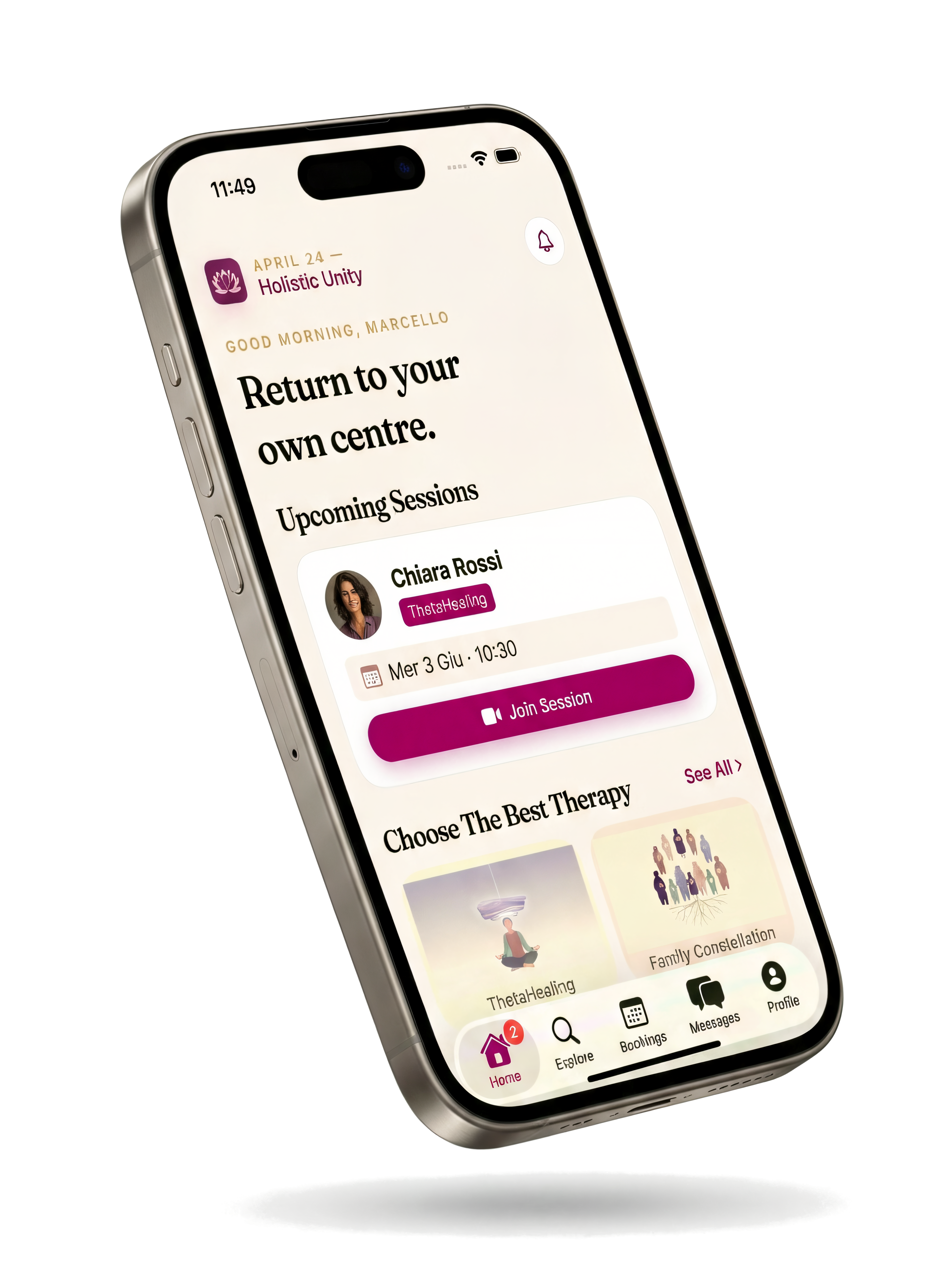 Schermata home dell'app Holistic Unity - anteprima mobile